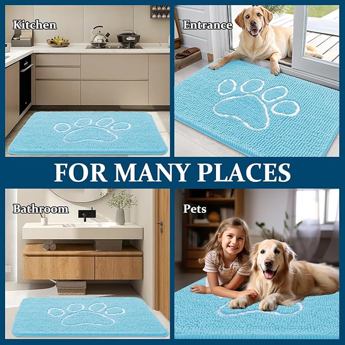 OLANLY Dog Door Mat for Muddy Paws 40x32, Paw Print Design, Absorbs Moisture and Dirt, Absorbent Non-Slip Washable Doormat, Quick Dry Chenille Mud Mat for Dogs, Entry Indoor Entryway Carpet, Blue