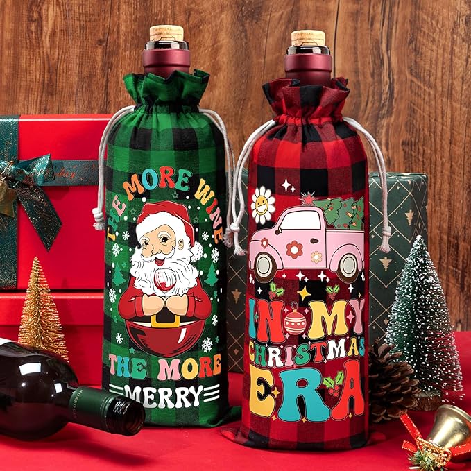 24PCS Burlap Wine Bag Christmas Wine Gift Bags, Drawstring Retro Christmas Bottle Cover Gift Bag w/ Tag, Buffalo Plaid Wines Bags for Bottles Gifts Reusable Bottle Covers for Xmas Holiday Party Decor