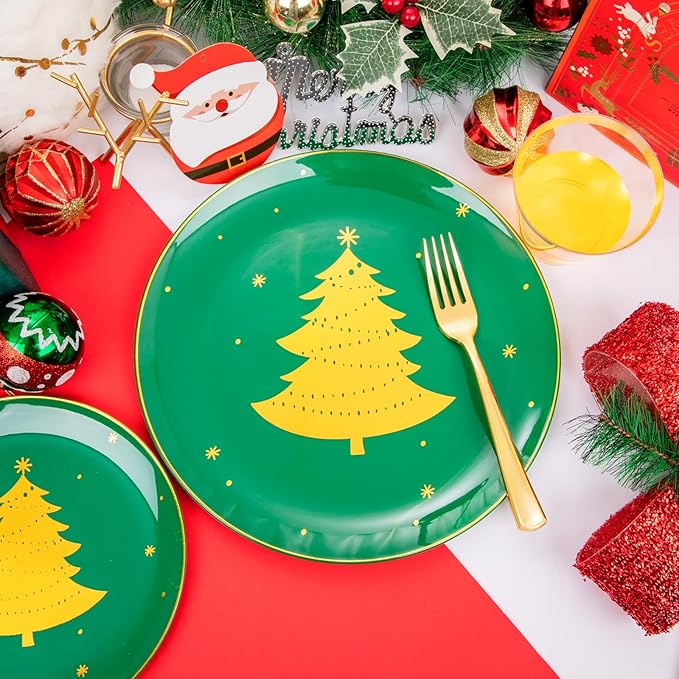WDF 150pcs Christmas Plates Plastic Disposable - 25 Guests Green Plates with Gold Tree, Clear Gold Cups, Perfect for Christmas Parties