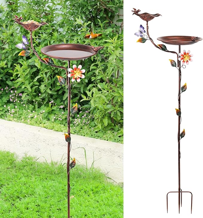 MUMTOP Bird Baths and Feeder for Outdoors, 55 inch Height Metal Birdbath Antique Garden Bird Feeder with Metal Stake for Garden Outside Yard Lawn Decorations, Copper