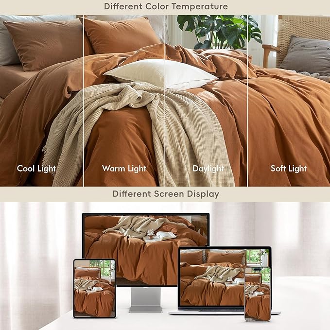 MooMee Bedding Duvet Cover Set 100% Washed Cotton Linen Like Textured Breathable Durable Soft Comfy (Solid Dark Orange, Palatial King/Oversized King 120"x98")