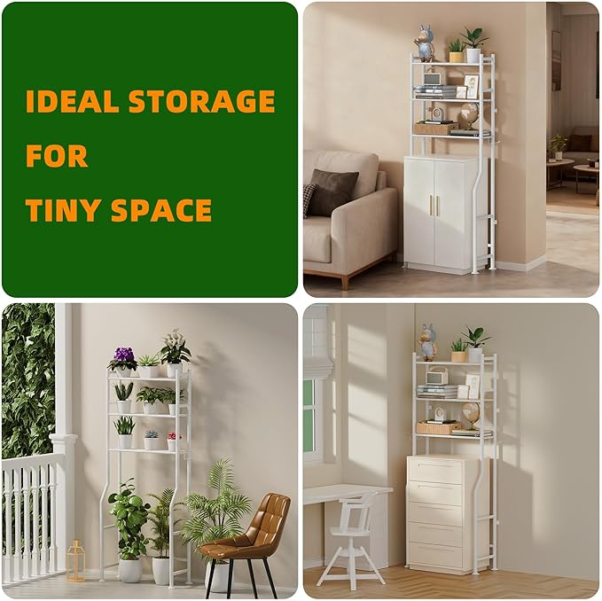 3-Tier Over Toilet Storage with Anti-Tilt Safety System - 150lb Total Capacity Metal Bathroom Shelves Including Paper Holder & 4 Hooks, Space Saving Above Commode Organizer (64" H, White)