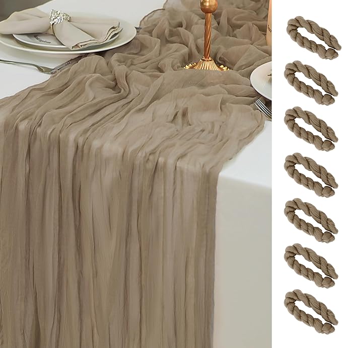 Snowkingdom 6PCS 10 FT Light Brown Cheesecloth Table Runner, 120 inch Long Tan Fall Thanksgiving Boho Rustic Gauze Sheer Runner for Wedding Baby Shower Birthday Holiday Party Table Decorations