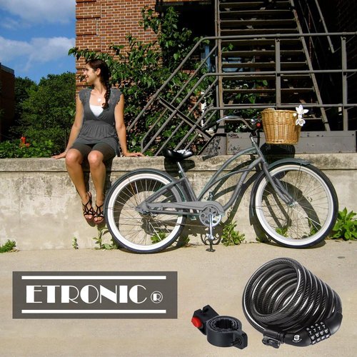 Etronic Bike Lock M6 - 6 Feet Coiled Security Cable Lock with Resettable Combo & Mounting Bracket