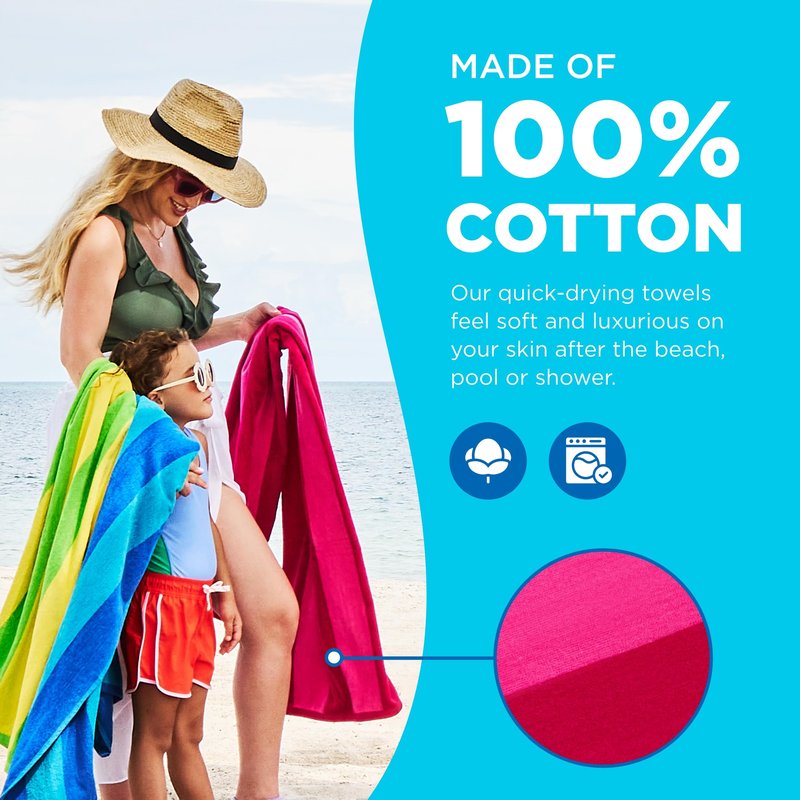 Kaufman - Soft Oversized Beach Towels in Bulk | 30" x 60" Velour Striped Beach Towel | Absorbent, Quick-Drying | 100% Cotton Thick Beach Towels (12-Pack)