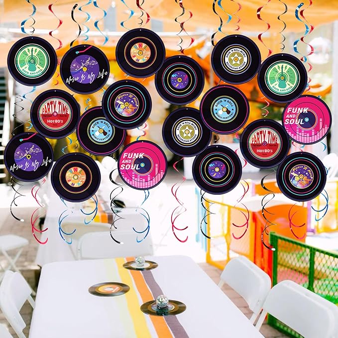 Rock and Roll Record Party Hanging Swirls, 48 Pcs, Music Theme Disco Party Decorations, Vinyl Record Design for 90s Or 50s Style Rock Music Dj Party Supplies, Black and Multicolor