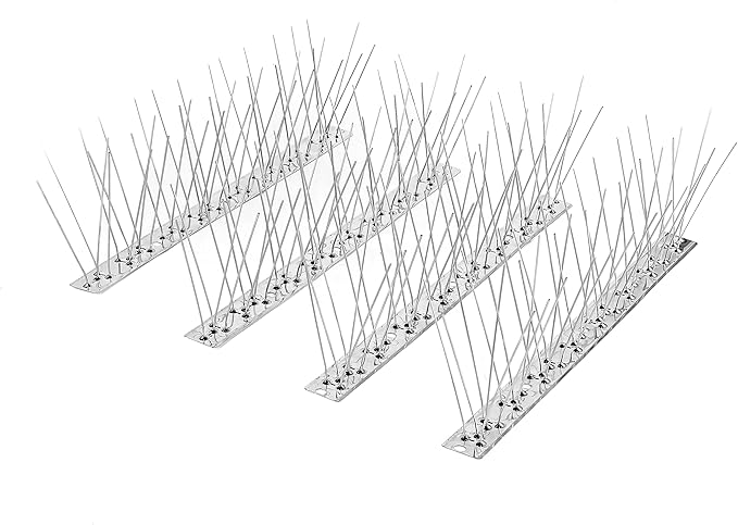 BUGGOFF Bird and Rodent Spikes, 4.5" Tall 10" Long Stainless Steel Anti-Bird Deterrent Strips, Silver, Professional Pest Control for Roofs, Fences, Ledges (20 Pieces / 16.6 Feet)