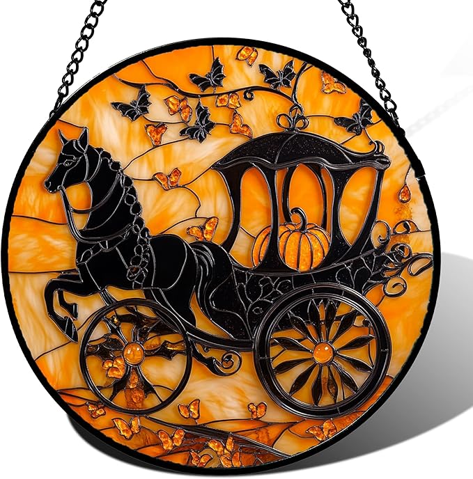 Stained Glass Window Hanging - Halloween Pumpkin Carriage Suncatcher for Doors Window Garden Indoor Spooky Funny Orange Sun Catchers Gothic Decor Horror Gifts for Women Men Friend 9.8 in