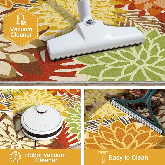 Colorful 6x9 Outdoor Area Rug Washable Multicolored Patio Rug Tropical Botanical Floral Chenille Waterproof Outdoor Carpet Non-Slip for Patio, Deck, Backyard, Porch, Orange
