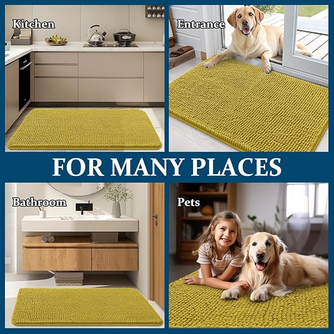 OLANLY Dog Door Mat for Muddy Paws 36x24, Absorbs Moisture and Dirt, Absorbent Non-Slip Washable Doormat, Quick Dry Chenille Mud Mat, Entry Indoor Entryway Carpet for Inside Floor, Mustard Yellow