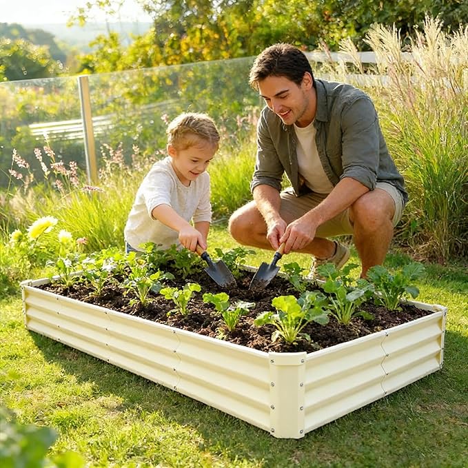 GARDMAX 8x4x1FT Galvanized Raised Garden Bed Kit, Metal Planter Boxes Outdoor with Easy Assembly, Large Garden Bed for Vegetables, Fruits, Flower, Herbs Rectangle Milk White