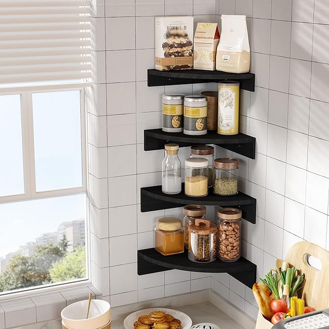 Alsonerbay Black Corner Wall Shelf, Floating Shelves Wall Mount Set of 4