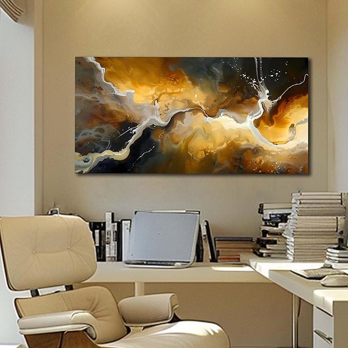 CANEITO Abstract Wall Art for Bedroom, Marble Canvas Wall Decor for Living Room, Black and Gold Picture Print Artwork for Office, Size 40 x 20 Inches