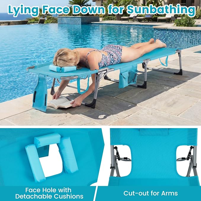 Goplus Tanning Chair, Folding Adjustable Patio Lounge Chair with Face Hole, Removable Pillow, 330LBS, Carry Strap, Outdoor Sunbathing Chair, Lightweight Portable Beach Lounge Chair, No Assembly