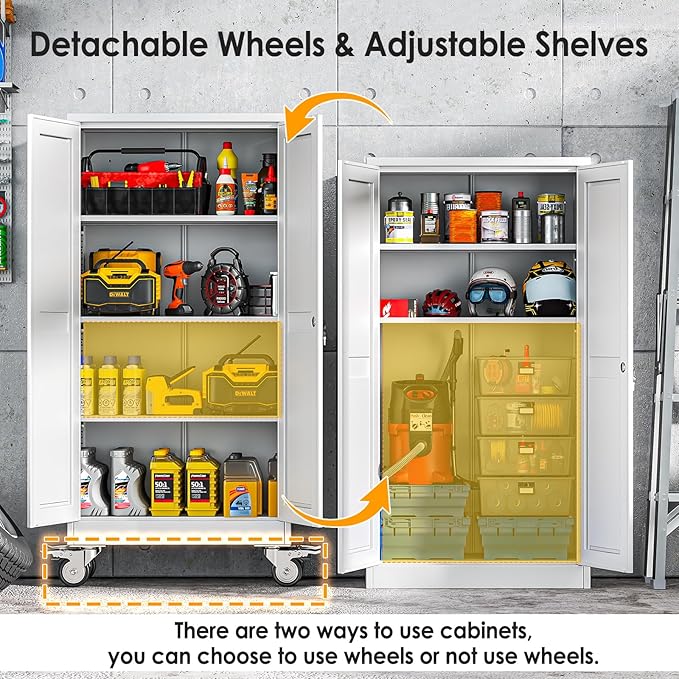 61''H Metal Garage Storage Cabinet with Wheels,Steel File Cabinets with 2 Doors and 3 Adjustable Shelves for Home Office, Warehouse, Required Assembly,White