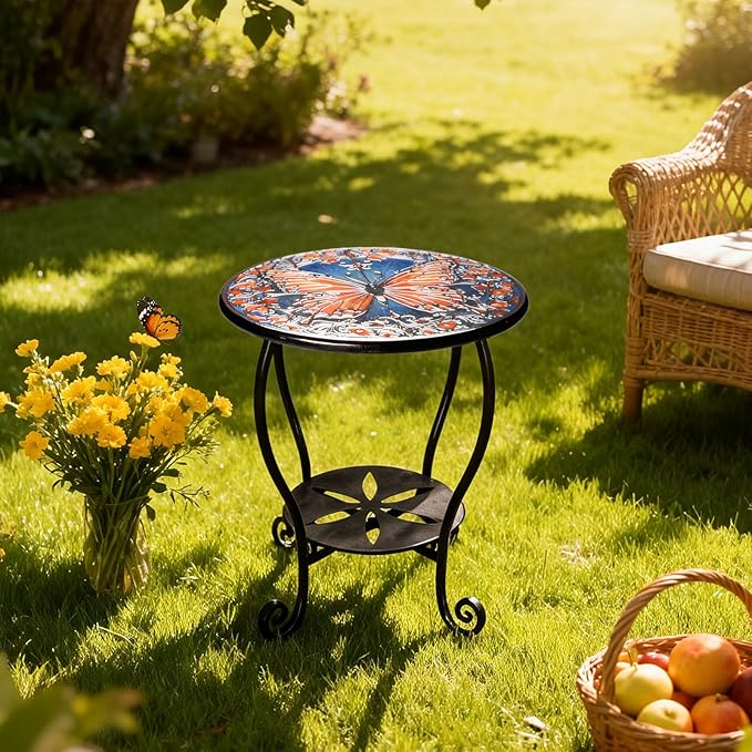 Outdoor Side Table Mosaic Patio Small End Table Metal Coffee Tea Accent Table for Patio Living Room Bedroom Yard Porch Garden (Red Butterfly)