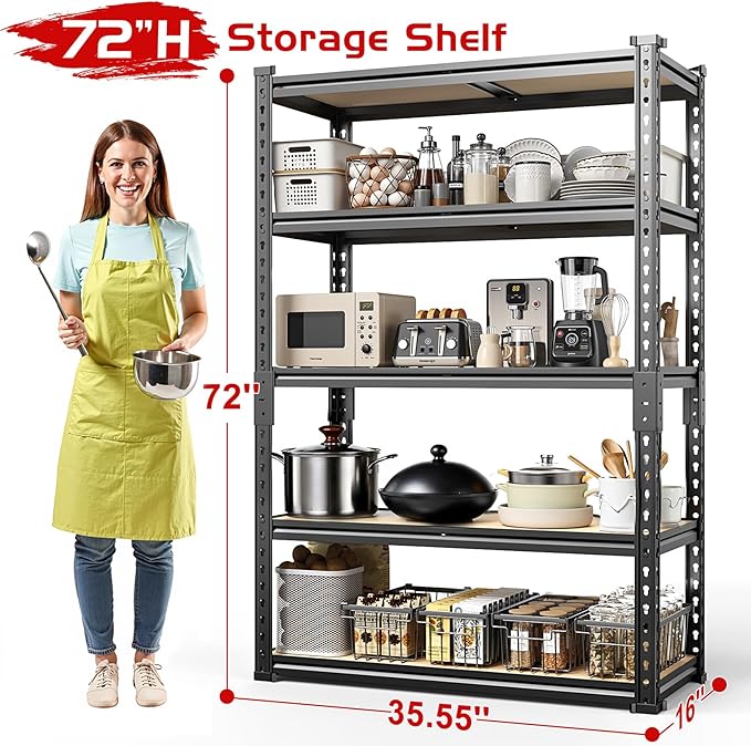 TigerParty 2020LBS Garage Shelving Units, 5-Tier Storage Shelves Heavy Duty, Adjustable Metal Organizer Utility Rack for Kitchen, Closet, Warehouse, Pantry, 72" H x 35.55" W x 16" D