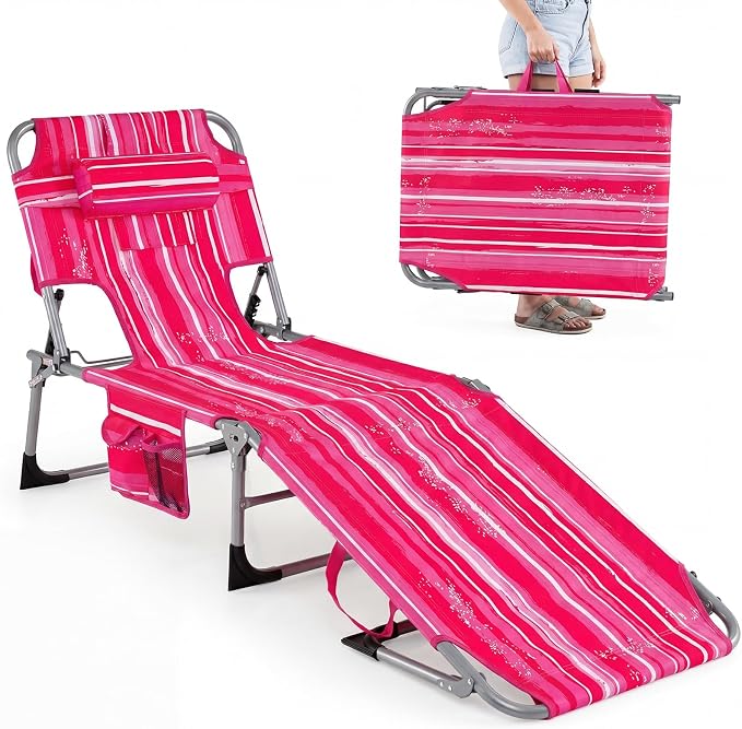 GYMAX Tanning Chair with Face Hole, Sun Bathing Lounge Chairs for Outside with Side Pocket, Folding Portable Face Down Layout Tanning Chair Beach, Backyard, Poolside, Lawn (Pink Stripe,1)