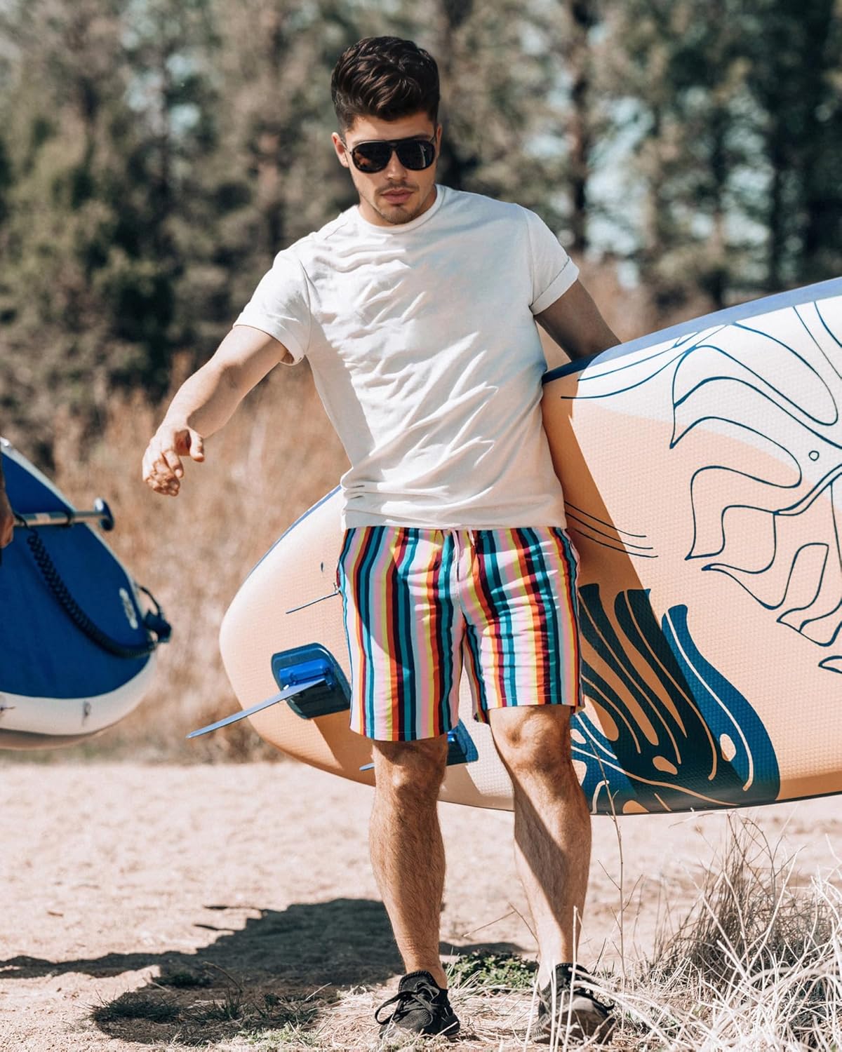 Surf Cuz Men's Swim Trunks - Quick Dry Compression Liner with Zipper Pockets | Beige Vintage Stripes, XS