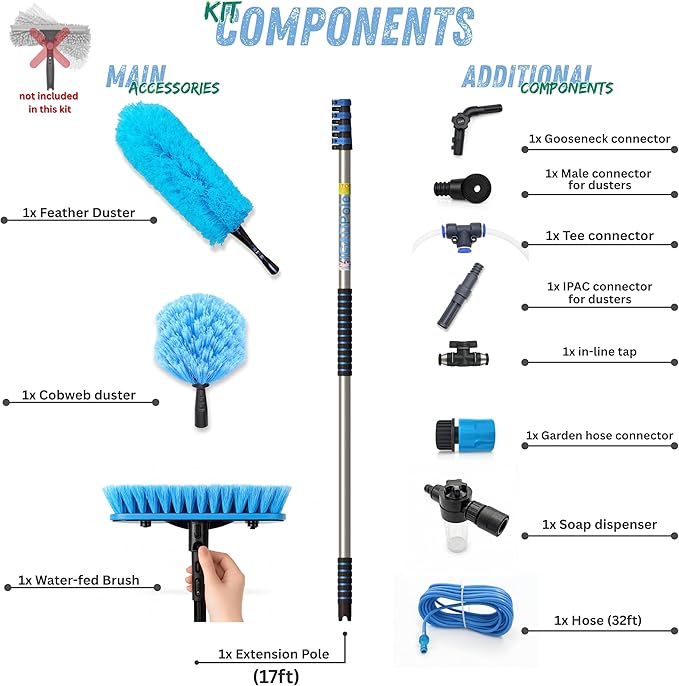 IGADPole 17 FT Water-Fed Cleaning Kit – Extendable Telescopic Pole with Soap-Dispenser, Brush & Cobweb Duster, Adjustable 5-17 FT Handle for Safe High Window, Gutter, Solar Panel & Exterior Cleaning