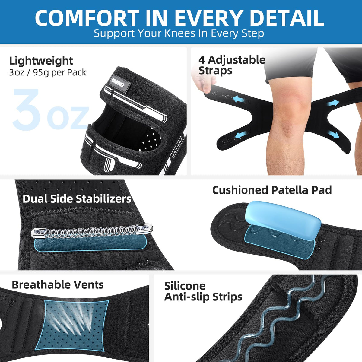 CAMBIVO Patella Tendon Support Knee Brace for Women & Men, Adjustable Knee Strap with Gel Pad & Side Stabilizers, Breathable Lightweight Knee Support for Running, Training & Daily Use (Black, S/M)