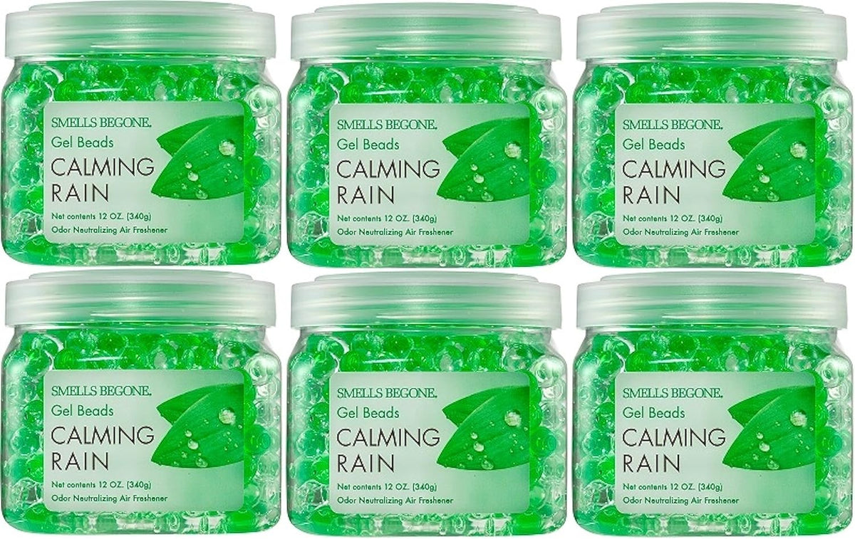 SMELLS BEGONE Odor Eliminator Gel Beads - 12 oz, Pack of 6 - Eliminates Odor in Bathrooms, Cars, Boats, RVs & Pet Areas - Air Freshener - Made with Essential Oils - Calming Rain Scent