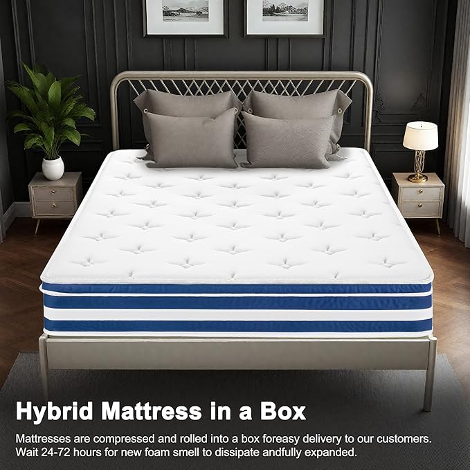 Queen Mattress, 12 Inch Hybrid Memory Foam Mattress with Gel Memory Foam & Zoned Pocket Coils, Pressure Relief, Motion Isolation, Soft & Breathable Queen Bed Mattresses in a Box, Edge Support