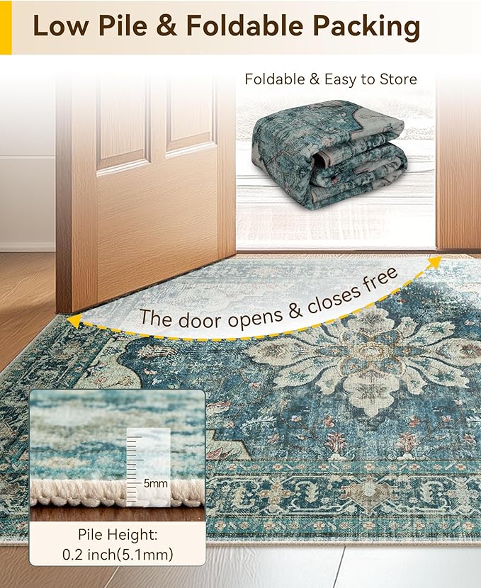 Area Rugs 3'x10' Runner Rug Non Slip Washable for Kitchen Hallway Bedroom Beside Laundry Room Bathroom Rug, Floor Carpet, Dark Blue Vintage