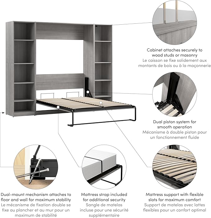 Bestar Claremont Full Murphy Bed with Closet Organizers (99W) in Platinum Gray, Space-Saving Sleeping Arrangement for Multipurpose Room