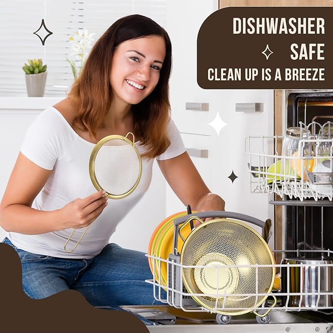 Baderke 7 Pcs Gold Kitchen Accessories Includes Stainless Steel Colander with Handles, 3 Gold Mixing Bowls with Airtight Lids and 3 Fine Mesh Strainer (Colander: 5 Qt, Mixing Bowls: 1.5/2/3 Qt)