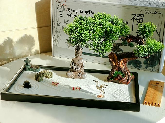 BangBangDa Japanese Zen Garden Kit for Desk - Meditation Rock Sand Garden for Birthday Gift Office Home Desktop Relaxation Decor Bamboo Rakes Bonsai Tree Pagoda Accessories Tools Kits