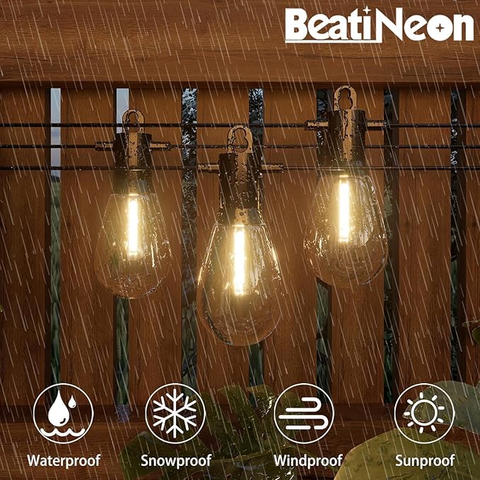 Outdoor String Lights 50 ft, LED Patio Lights with 16（15+1 Spare S14 Shatterproof Bulbs, IP65 Waterproof, Outside Hanging Light for Cafe Bistro Backyard