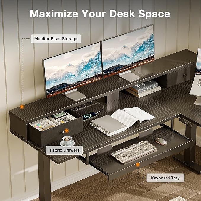 Casaottima 59 Inch Electric L-Shaped Standing Desk with Drawers, Height Adjustable Stand Up Corner Desk with Monitor Stand & Keyboard Tray, Lift Table for Home Office, Workstation, Black