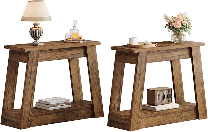 Tribesigns Wood End Table, Small Side Table with 2 Storage Shelves, Rustic Accent Narrow Nightstand for Living Room, Bedroom (2, Rustic Brown)