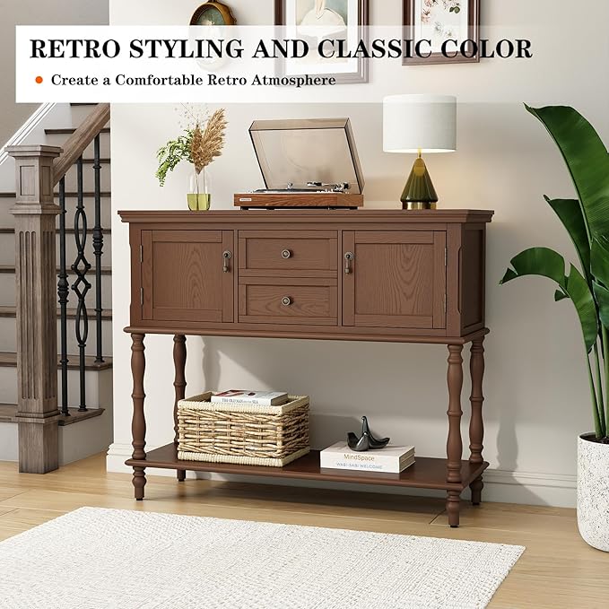 ARTPOWER Console Table for Entryway, Retro Wooden Entryway Table with Storage, with 2 Door & Drawers and Open Shelf, Behind Couch Sofa Table for Living Room, Foyer, Hallway, Brown