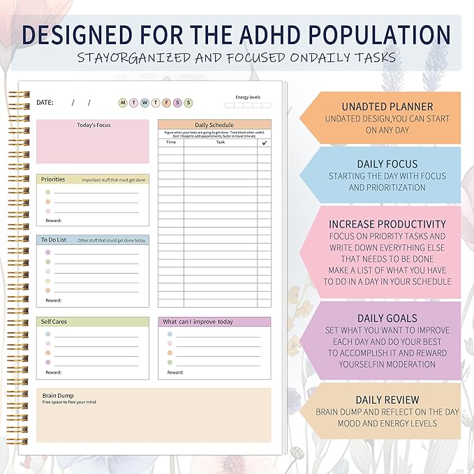 ADHD Daily Planner - Productivity Planner & Undated Task Management Organizer for Neurodivergent Adults, Focused Planners for Men & Women - B5 Blue Flowers
