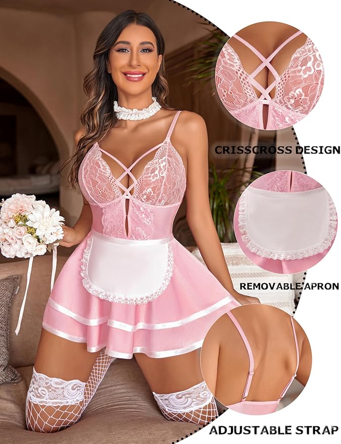 Avidlove Sexy Maid Lingerie for Women Halloween Outfit French Maid Costume Babydoll Lingerie Dress Cosplay Lingeries