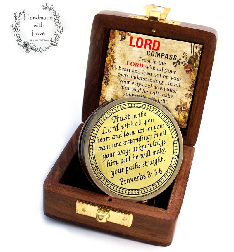Trust in The Lord-Proverbs 3: 5-6 verse Engraved Sundial Clock in Box Sun Clock Ship Replica Watch, Sundial Compass, Gift Compass, 2025 Graduation Gifts- Baptism Gifts Compass for Women Mens Boy Girls