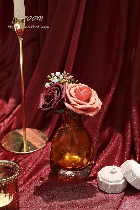 Floroom Artificial Flowers 25pcs Real Looking Burgundy & Pinky Cedar Foam Fake Roses with Stems for DIY Wedding Bouquets Bridal Shower Centerpieces Floral Arrangements Party Tables Home Decorations