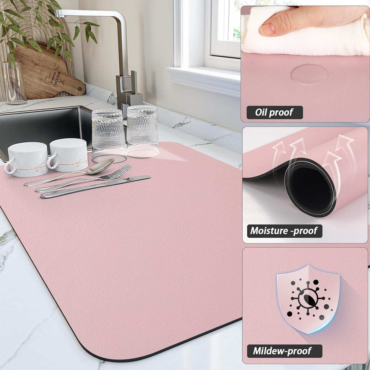 Dish Drying Mat for Kitchen Counter, Heat Resistant Drainer Mats with Non-slip Rubber Backed, Hide Stain Kitchen Super Absorbent Draining Mat, Easy to Clean Dish Rack Pad, Pink 18"x28"