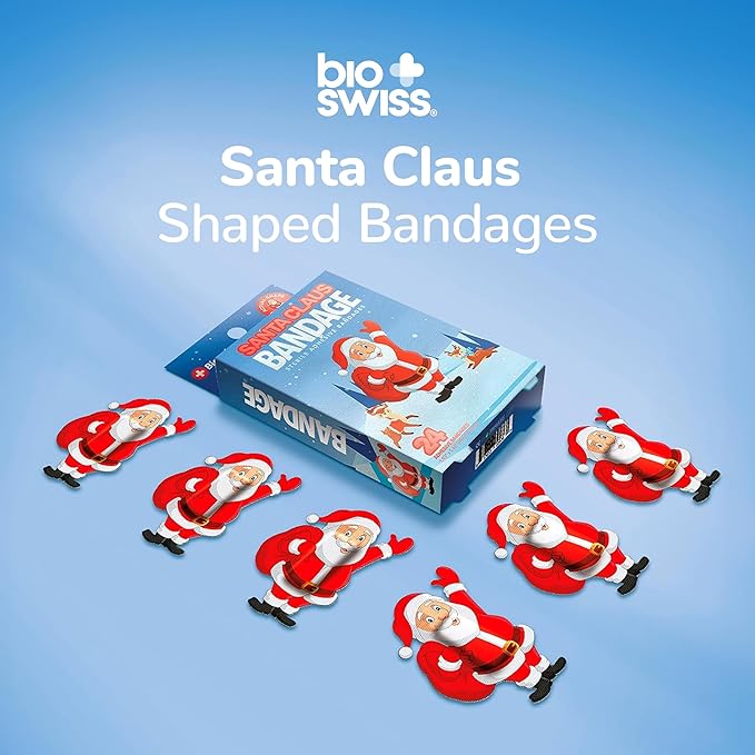 BioSwiss Kids Bandages, Christmas Santa Claus Shaped Self Adhesive Bandage Set, Latex Free, Sterile Wound Care, 24 Count