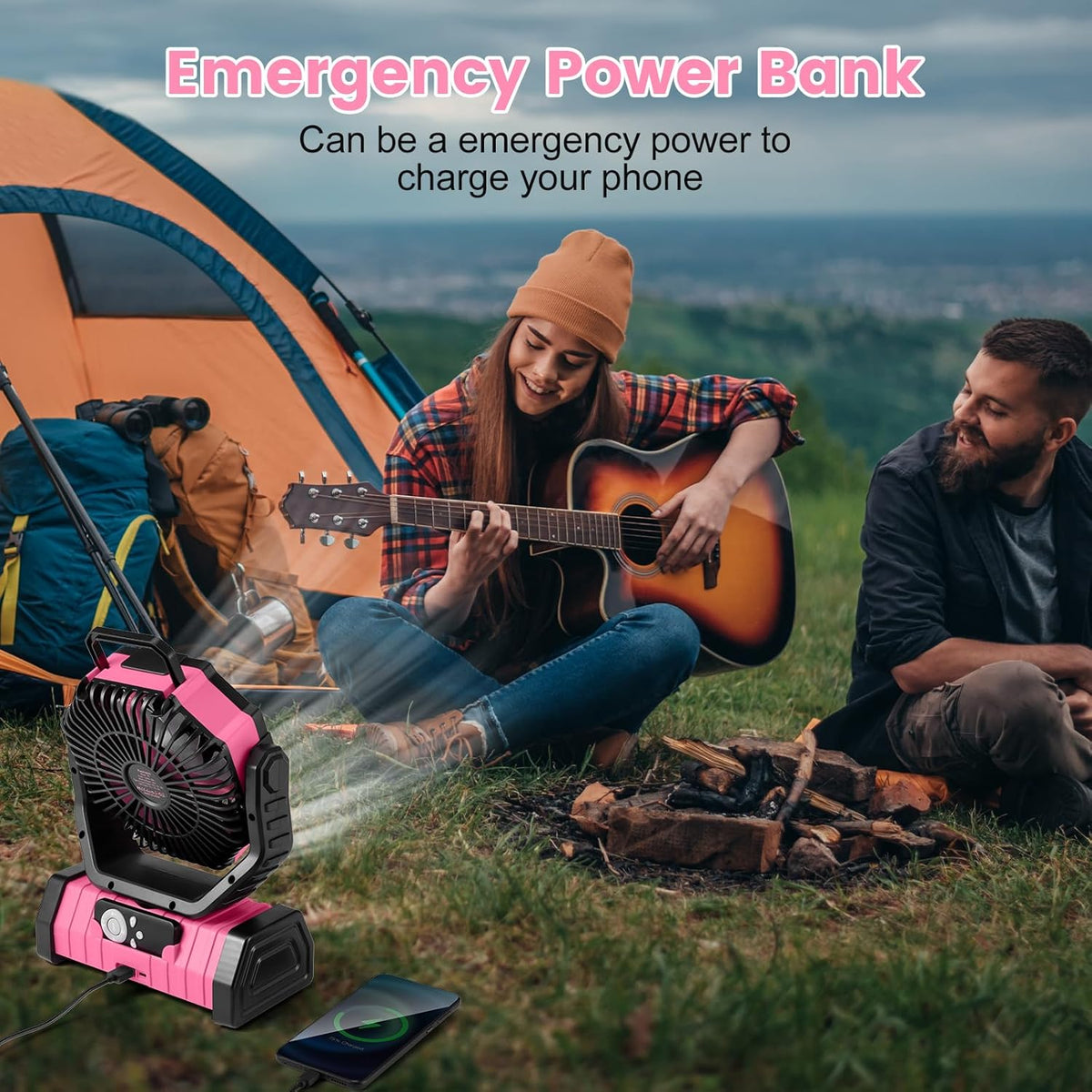 Odoland 30000mAh Camping Fan - Rechargeable LED Lantern & Oscillating Tent Fan | Portable with Remote, 4 Speeds, Pink