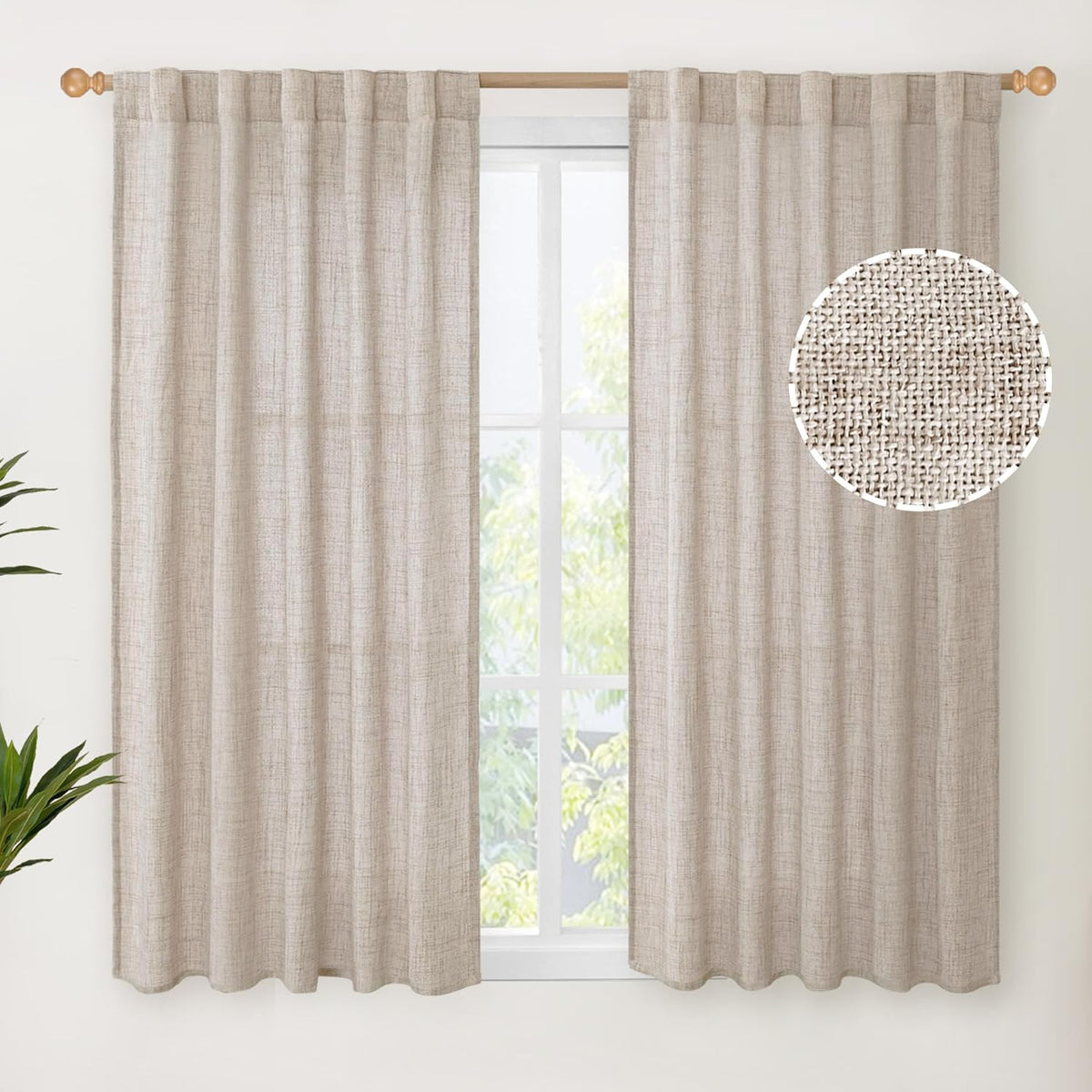 YoungsTex Short Natural Linen Curtains 54 Inch Length for Windows, Semi Sheer Drapes Light Filtering with Rod Pocket Back Tab for Kitchen Bathroom Bedroom, 42 X 54 Inch, 2 Panels