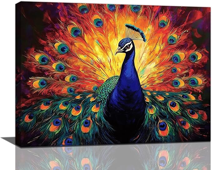 Peacock Wall Art, Elegance Peacock Pictures Wall Decor, Colorful Animal Canvas Prints Painting, Framed Artwork For Bathroom Living Room Office Bedroom Dining Room 16"X12"
