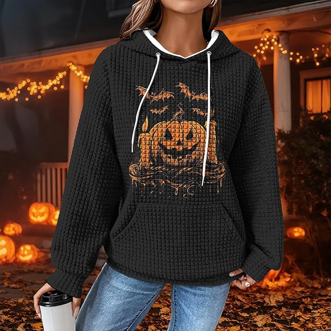 Halloween Sweatshirts for Women Novelty Graphic Drawstring Waffle Hoodies Loose Casual Pullover Tops with Pocket