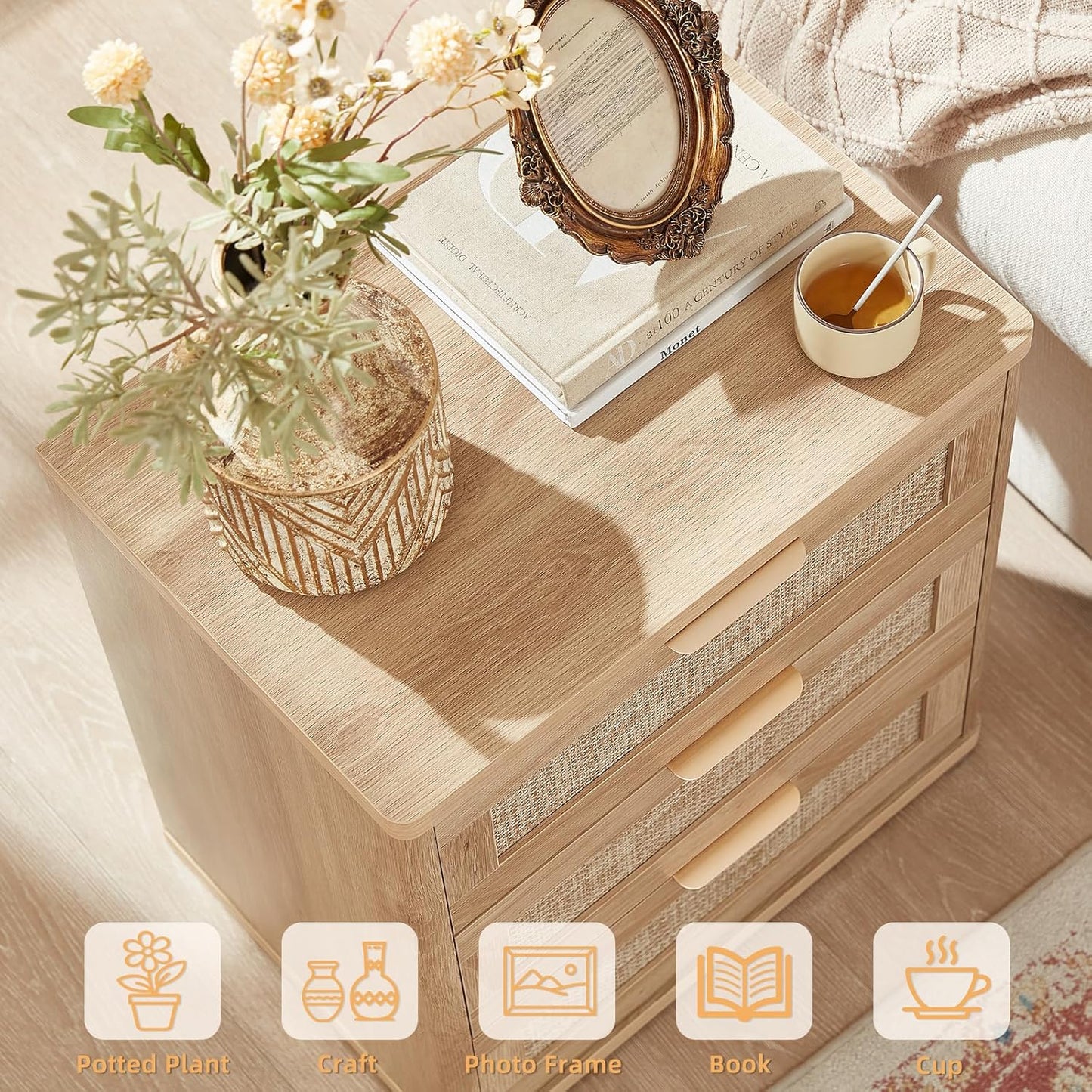 LEYAOYAO Rattan Night Stand Set of 2 with Drawers, 23" Large 3 Drawer Boho Nightstand, Natural Wood Bedside Table Storage Cabinet, Bed Side End Tables Dresser for Bedroom, Living Room, Hallway, Closet