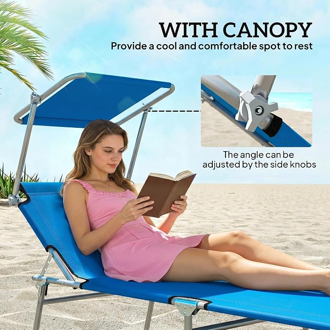 Outsunny Outdoor Lounge Chairs Set of 2, Adjustable Folding Chaise Lounges, Tanning Chairs with Sun Shade for Beach, Camping, Hiking, Backyard, Blue