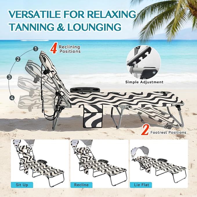 Tanning Chair with Face Hole for Adults, Outdoor Folding Lounge Chair with Canopy and Side Table for Phone Drink Tablet, 4 Position Adjustable Backrest, Lay Flat Chaise Lounger for Beach Patio Pool