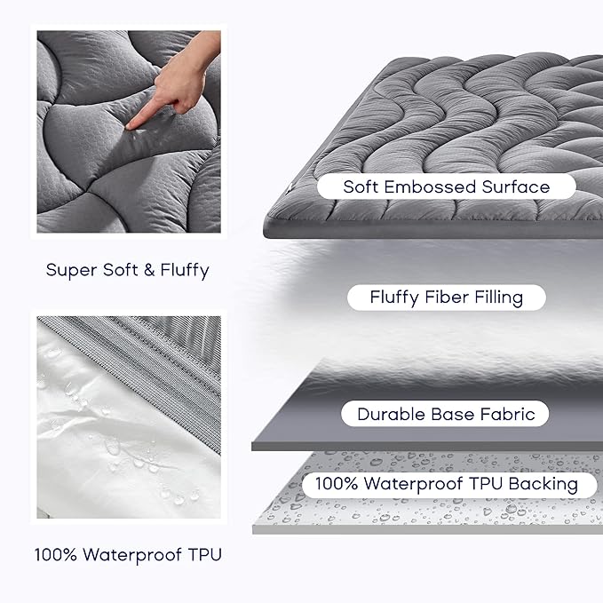 SLEEP ZONE Grey Waterproof Mattress Pad California King, Premium Soft Embossed Mattress Topper, Quilted Fitted Mattress Protector Cover with Elastic Deep Pocket (Grey, Cal King)