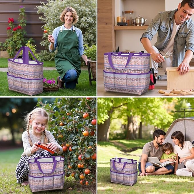 Boho Garden Tool Bag - Waterproof Floral Garden Tote with 8 Pockets, Large Storage Home Organizer Gardening Tool Oxford Bag for Garden Tools Kits Holder, Ideal Outdoor Gardening Gift for Women & Men